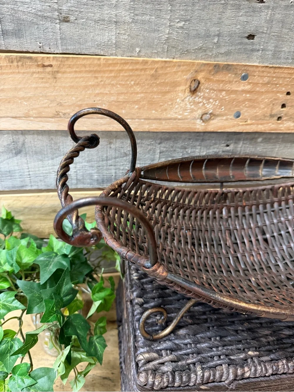 Oval  Wrought Iron and  Woven Dark Brown Decorative Fruit Basket with Handles